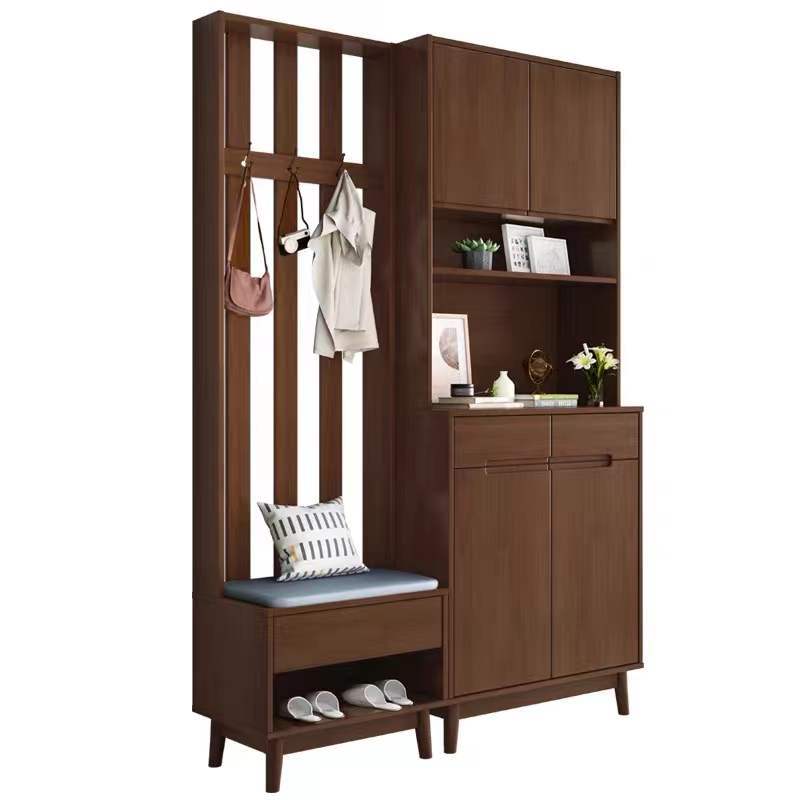Nordic Solid Wood Shoe Cabinet Modern Minimalist Entryway Storage Bench with Double Doors for Living Room
