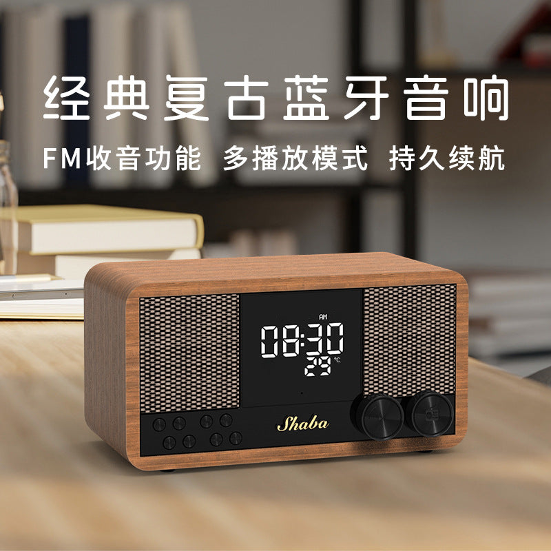 Retro Bluetooth Speaker Wooden Home FM Radio Clock Alarm Subwoofer Audio System