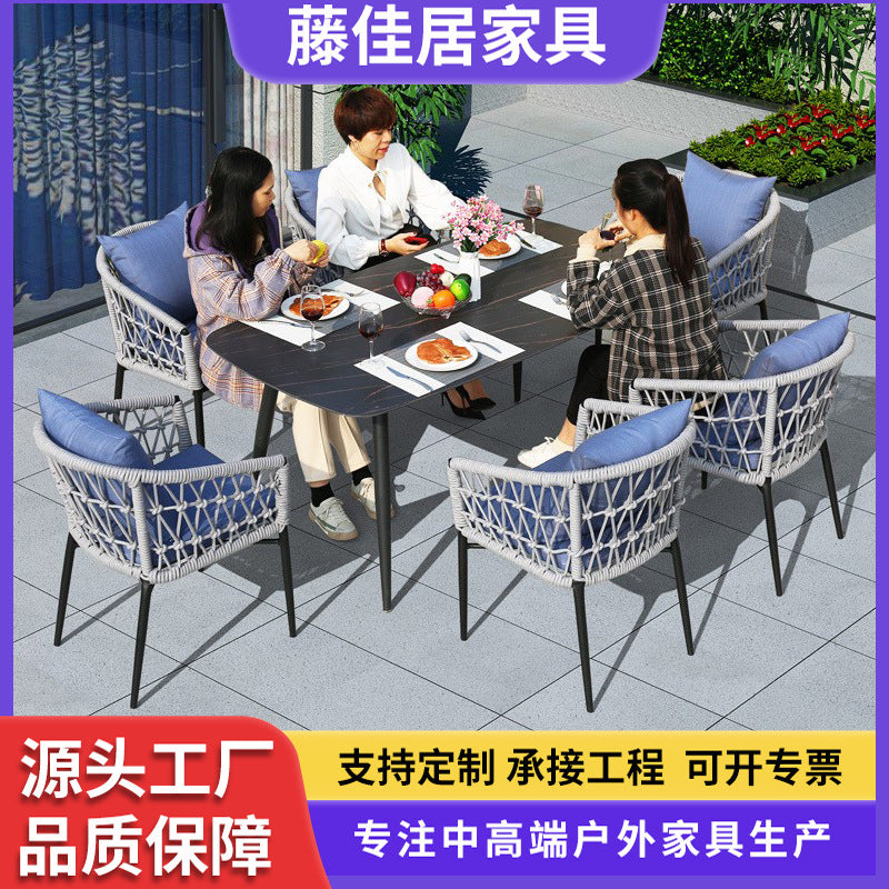 Outdoor Rattan Woven Dining Set with Aluminum Alloy Frame and Rock Slab Tabletop for Patio Balcony Garden