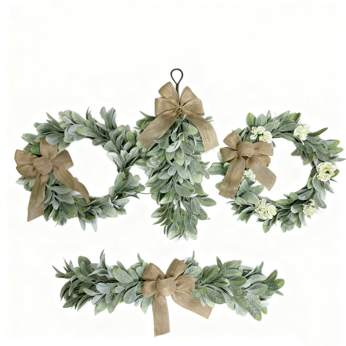 Spring Summer Floral Bunny Ear Leaf Wreath with Bowknot for Home Decor