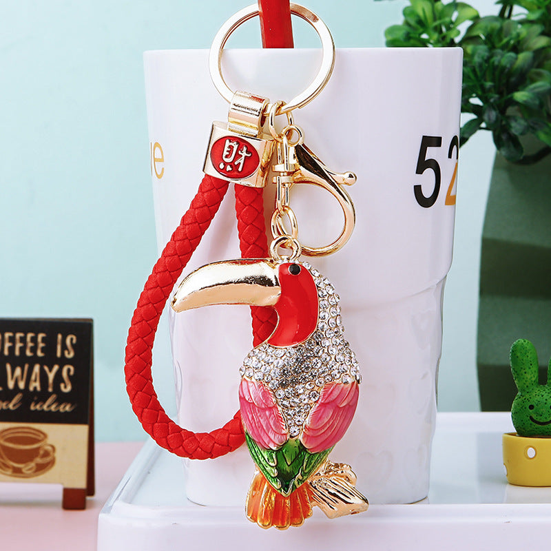 Rhinestone Parrot Keychain with Lucky Rope Charm for Women's Bags and Car Keys