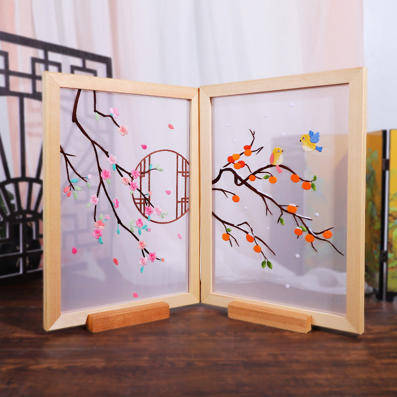 Beginner DIY Double-Sided Embroidery Kit with Wooden Frame for Ribbon Embroidery Art
