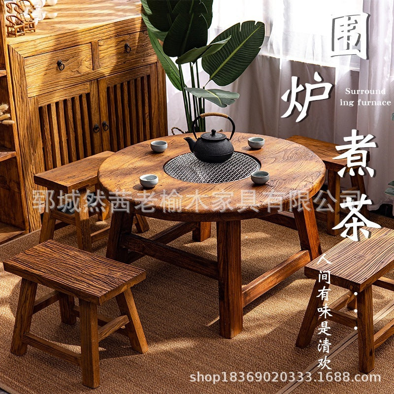 Outdoor Elm Wood Fire Pit Table for Tea, Hotpot, and BBQ - Versatile Dining and Cooking Table
