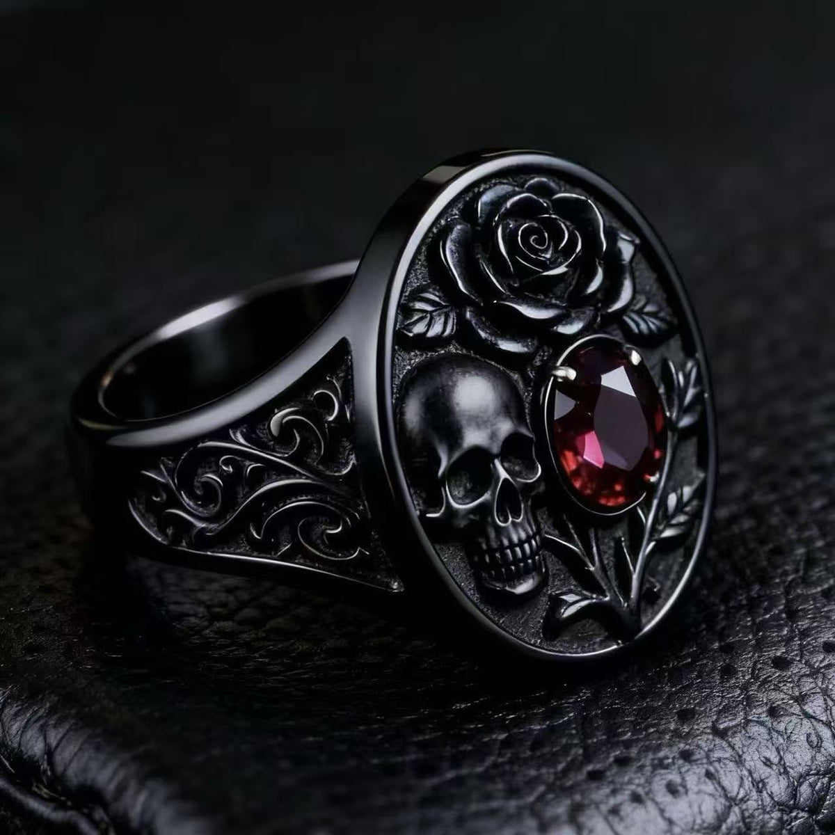2026 New Electroplated Gunmetal Skull Ring with Rose Flower Design for Women, Vintage Halloween Jewelry