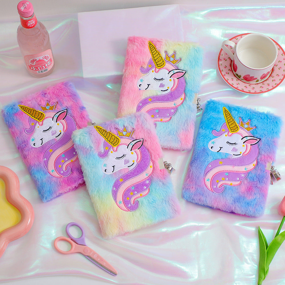 Kids Plush Unicorn Diary with Lock, Cartoon Notebook for Girls, Students, and Kindergarten Gifts