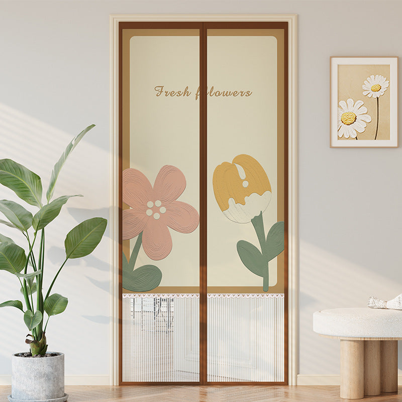 Magnetic Screen Door with Cartoon Floral Design, Self-Adhesive Mosquito Net Curtain for Home