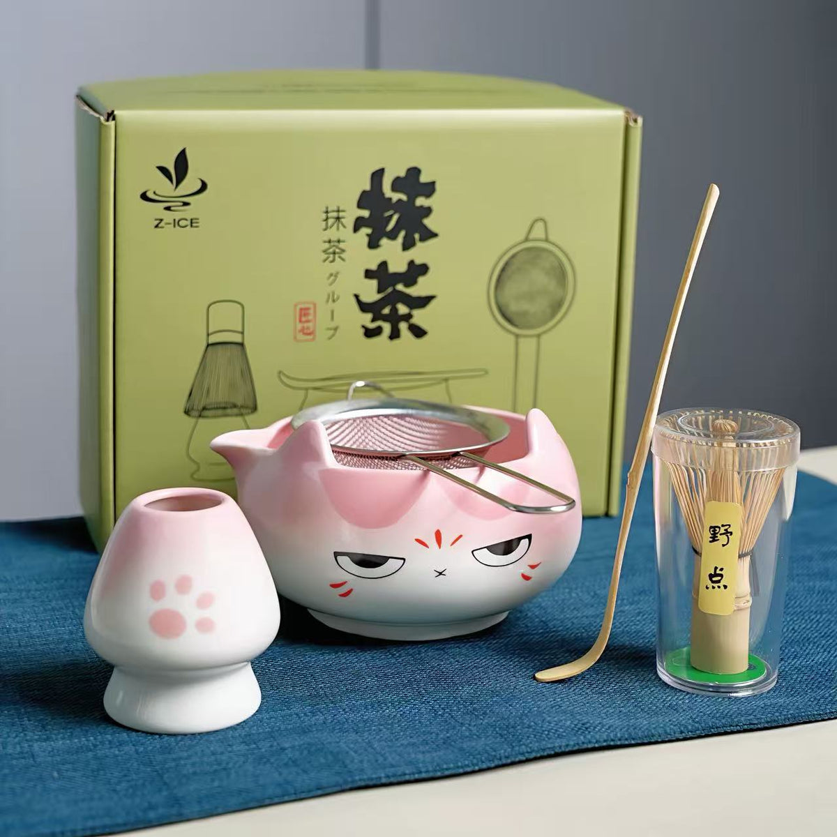 Japanese Matcha Tea Ceremony Set with Whisk Holder and Cartoon Ceramic Bowl