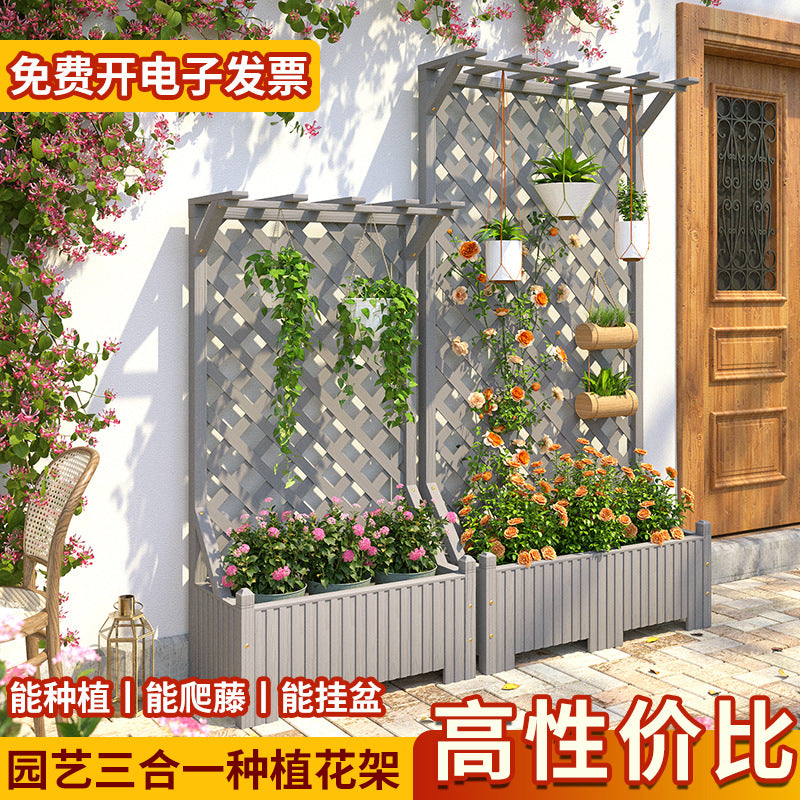 Outdoor Patio Wood Planter Box with Trellis for Climbing Plants, Decorative Garden Divider
