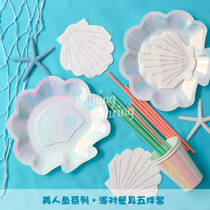 Mermaid Theme Birthday Party Supplies Set with Shell Plates and Cake Stand Decorations