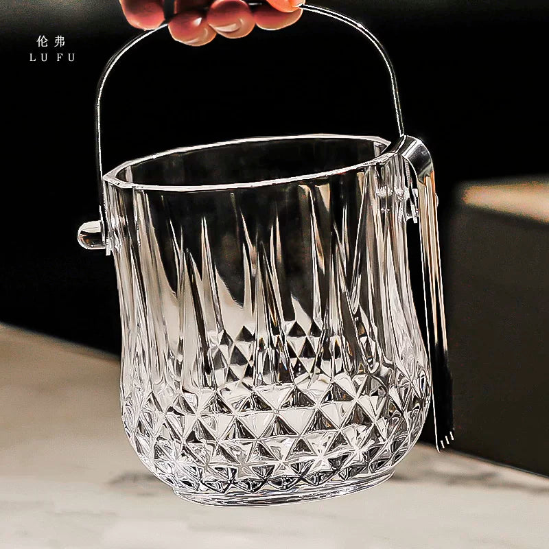 Glass Ice Bucket with Handle and Tongs for Bar KTV Home Commercial Use