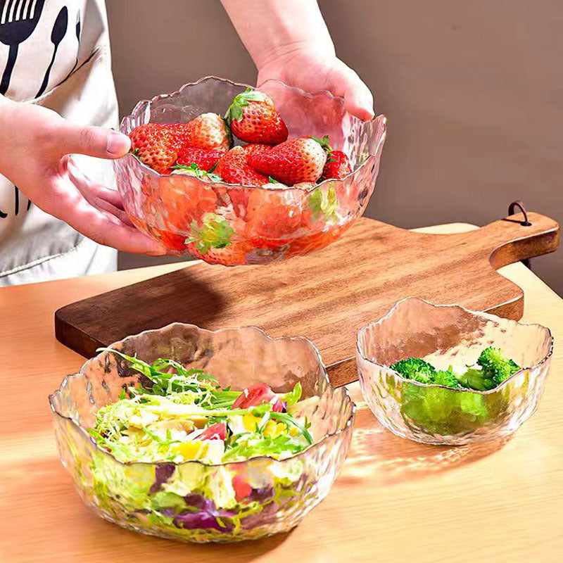 Lead-Free Crystal Glass Salad Bowl with Gold Rim, Household Fruit Plate Dessert Bowl, Hammered Texture Dinnerware Set