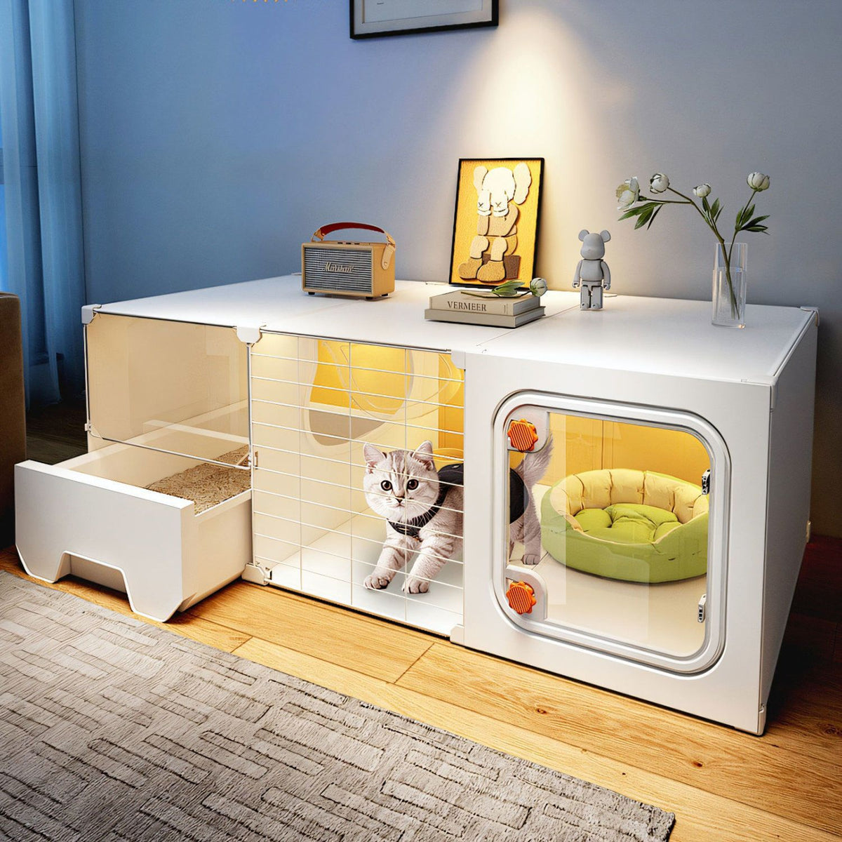 Indoor Cat Cage with Integrated Litter Box, Multi-Tier Cat Villa for Small Spaces