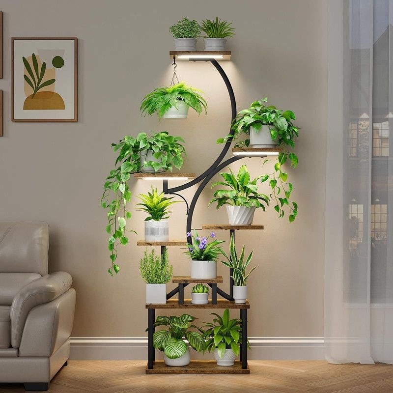 Multi-Tier Metal Plant Stand with Grow Light for Indoor Balcony Living Room