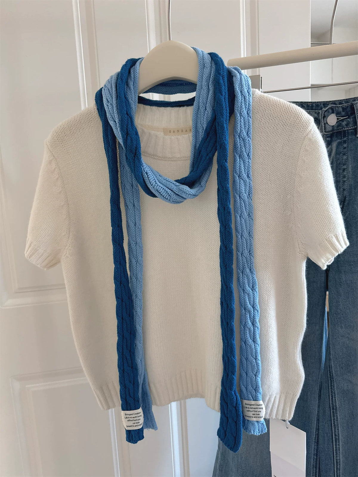 Japanese Retro Striped Knit Scarf for Women, Harajuku Style Color Block Long Thin Neck Warmer