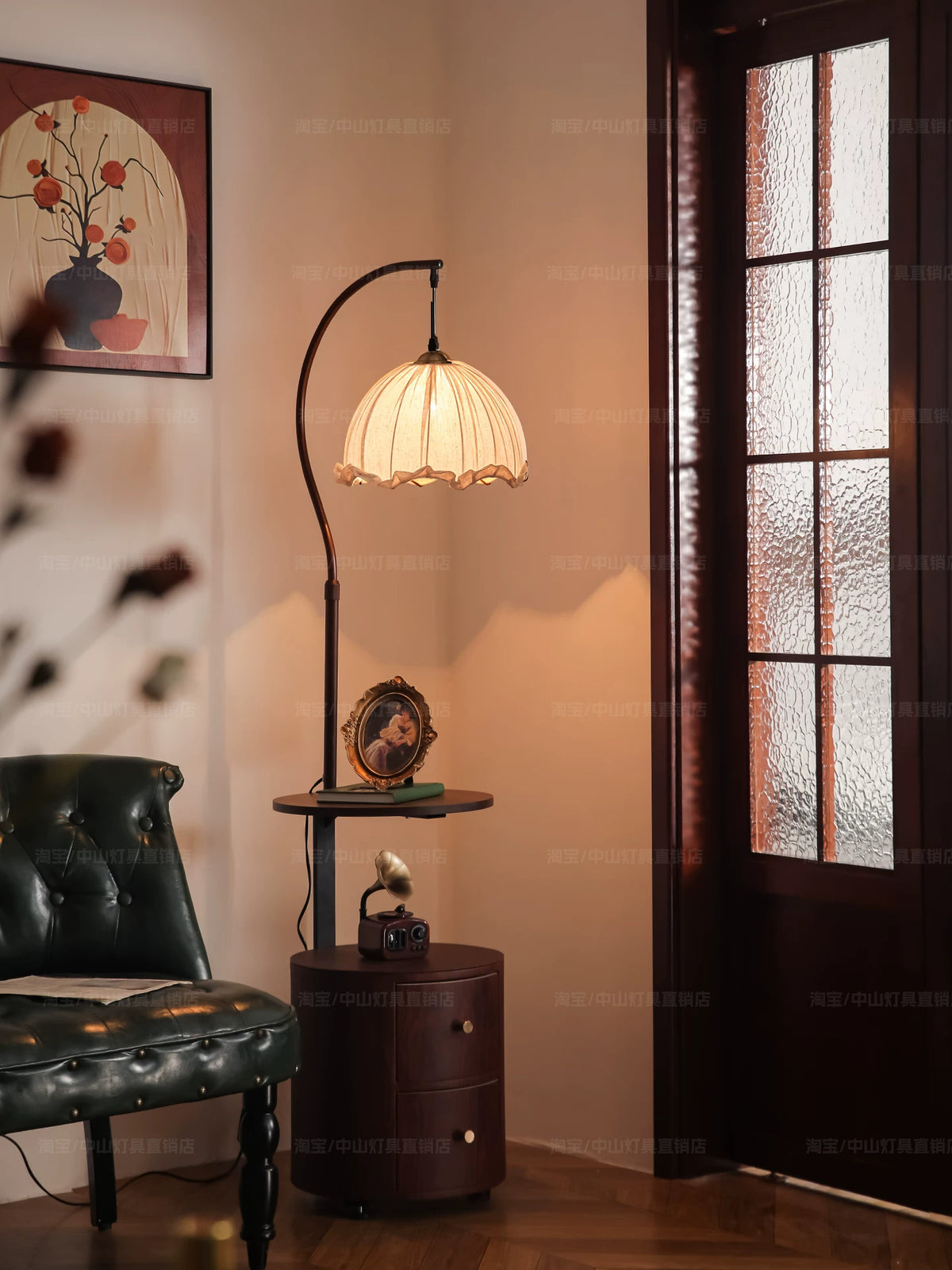 French Retro Ambient Floor Lamp with Integrated Shelf for Living Room Bedroom Sofa Side Decor