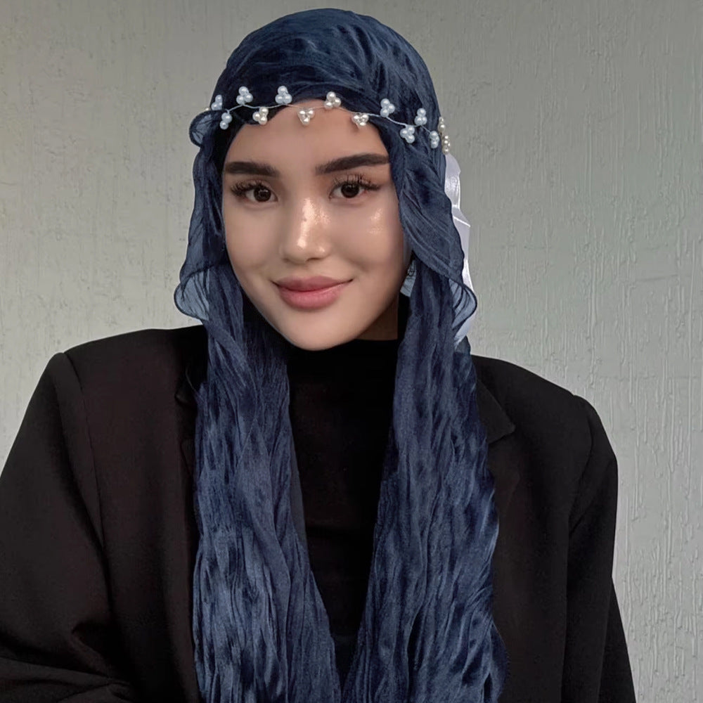 Women's Shimmering Crepe Headscarf Breathable Solid Color Wrinkled Gauze Scarf