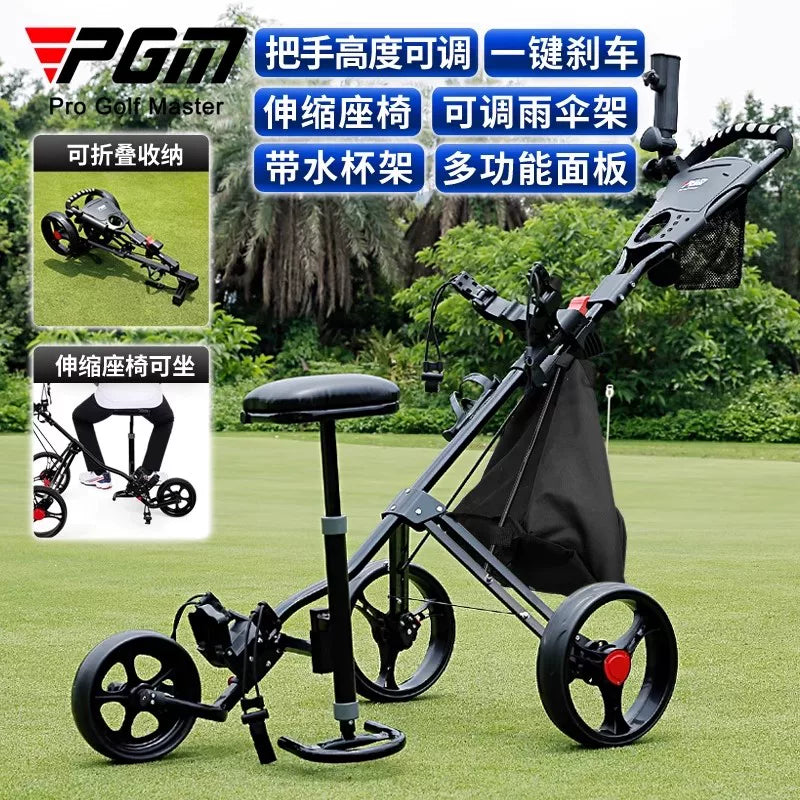 PGM Golf Push Cart with Seat, 3-Wheel Foldable Trolley for Juniors and Adults