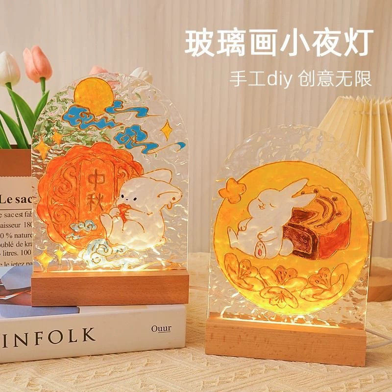 Mid-Autumn Festival DIY Glass Painting Night Light Kit with LED Base, Hand-Painted Material Pack for Gifting & Events