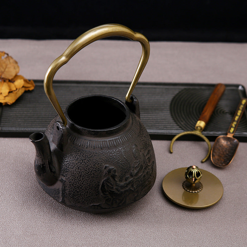 Creative Copper Handle Iron Teapot with Copper Lid for Home Use, Uncoated Tea Kettle