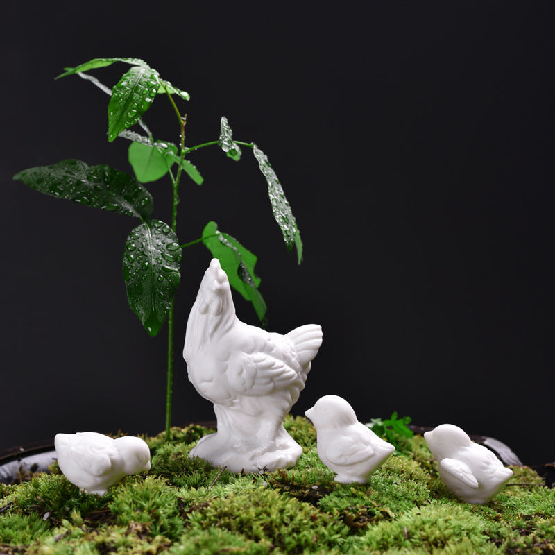 Miniature White Ceramic Chicken Figurines for Garden & Micro Landscape Decor