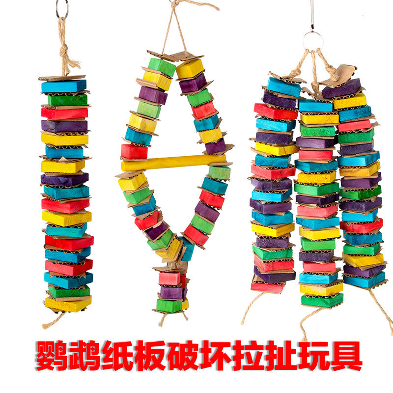 Parrot Chewing Toy with Colorful Wood Blocks and Cardboard for Birds