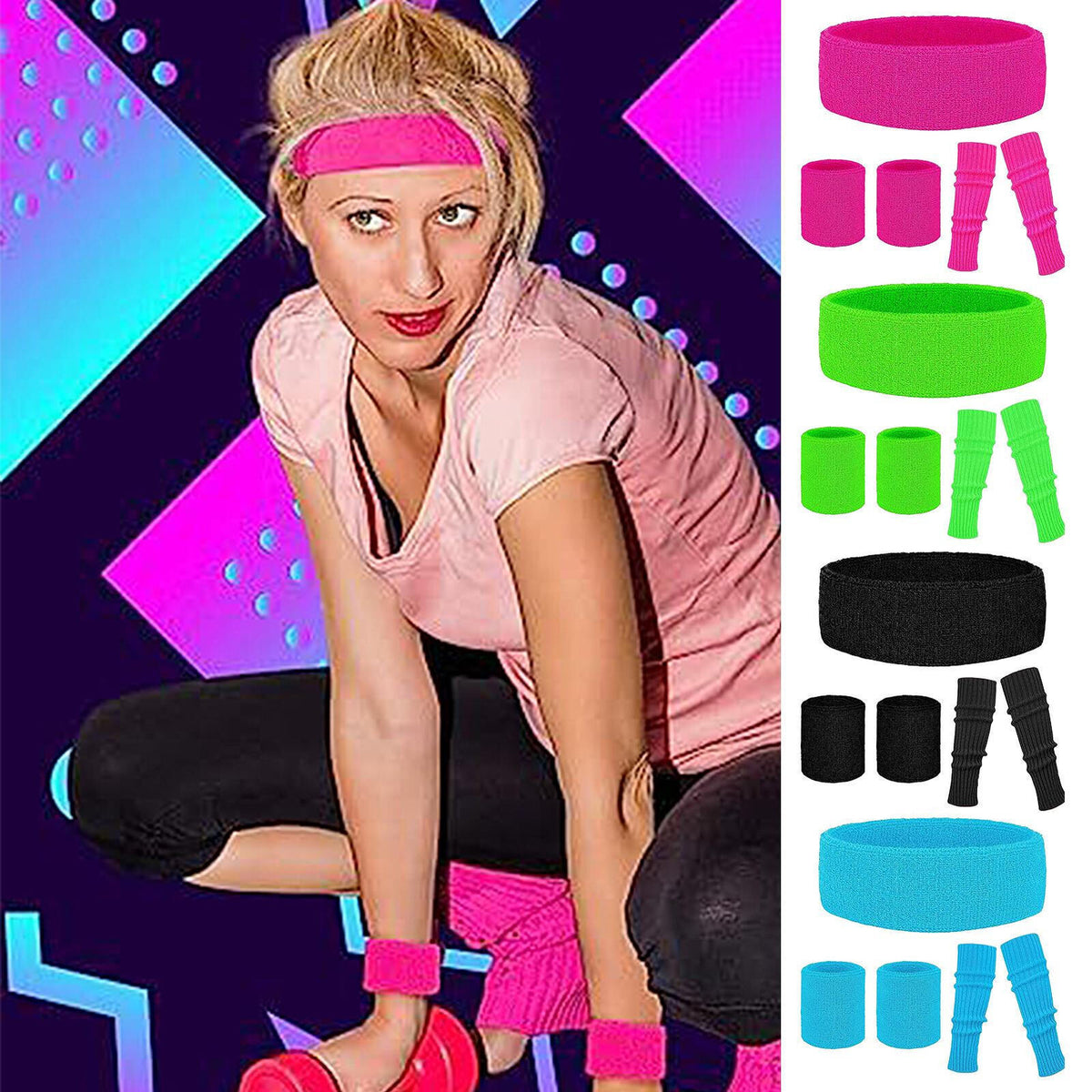 80s Party Dance Costume Accessories Set - Headband, Wristbands, and Leg Warmers