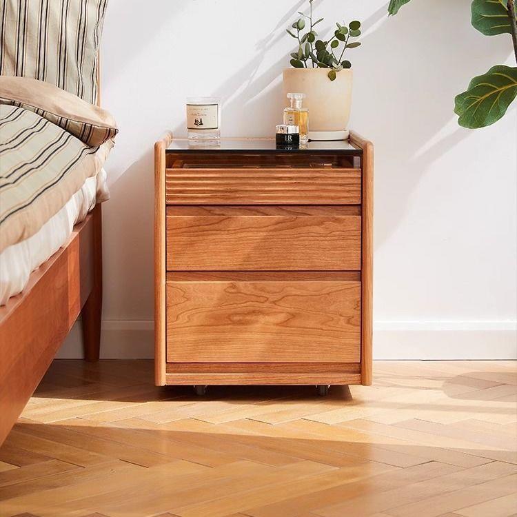 Cherry Wood Smart Nightstand with Wireless Charging, Solid Wood Bedside Table with Storage for Small Spaces