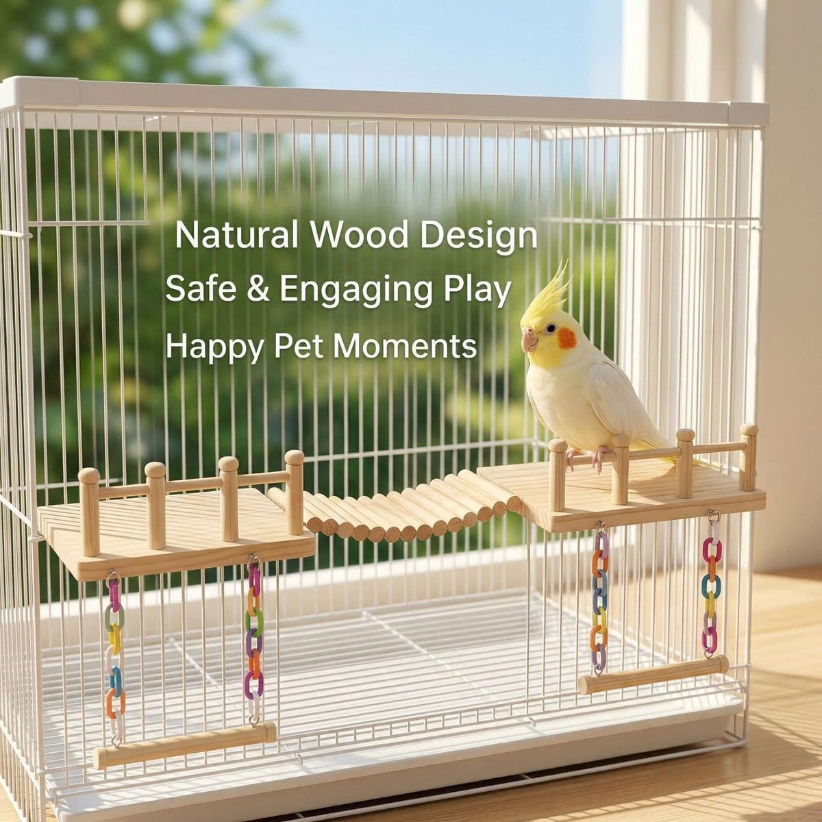Wooden Bird Perch and Play Toy Set for Cages - Chewing, Climbing, Swings, Ladders