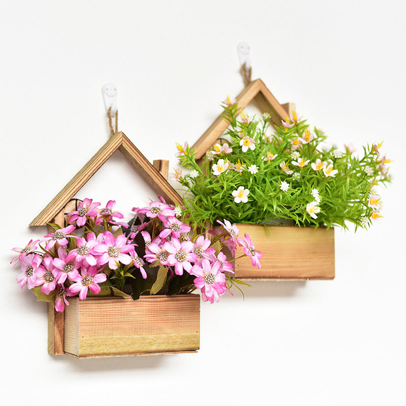 Wooden House Shaped Wall Decor with Artificial Flowers