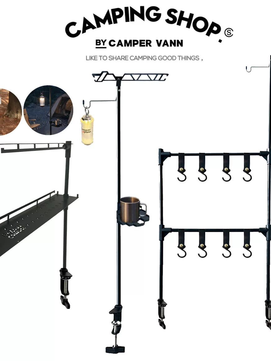 Outdoor Camping Folding Table Storage Rack with Hooks and Lantern Stand