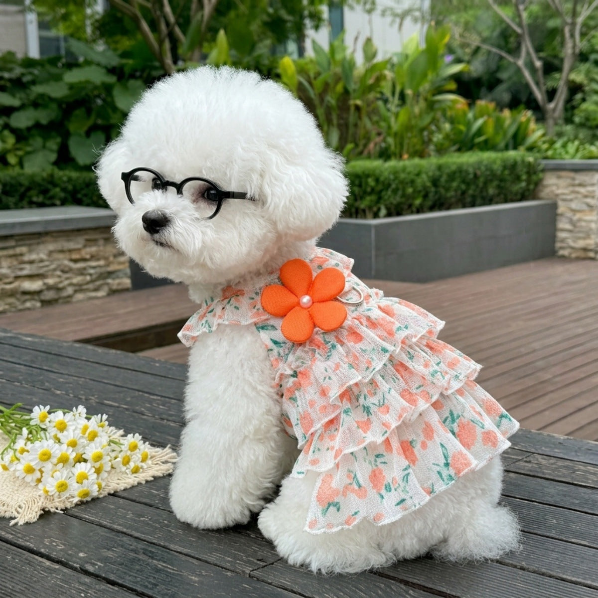 Pet Dog Cat Floral Pleated Princess Dress for Spring/Summer, Anti-Shedding Apparel