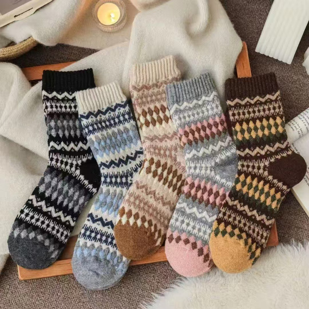 Fair Isle Vintage Wool Blend Mid-Calf Socks for Women, Thickened Ethnic Style Winter Warm Socks