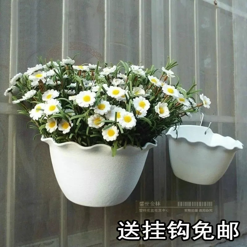 Wall-Mounted Flower Pot with Wave-Edge Design, Thickened Plastic, Water Storage, Hanging Plant Pot for Wall, Balcony Railing, Includes Hooks