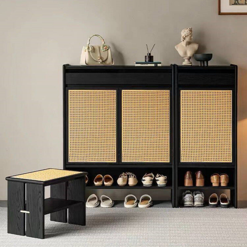 Rattan Woven Solid Wood Shoe Cabinet with Storage for Entryway