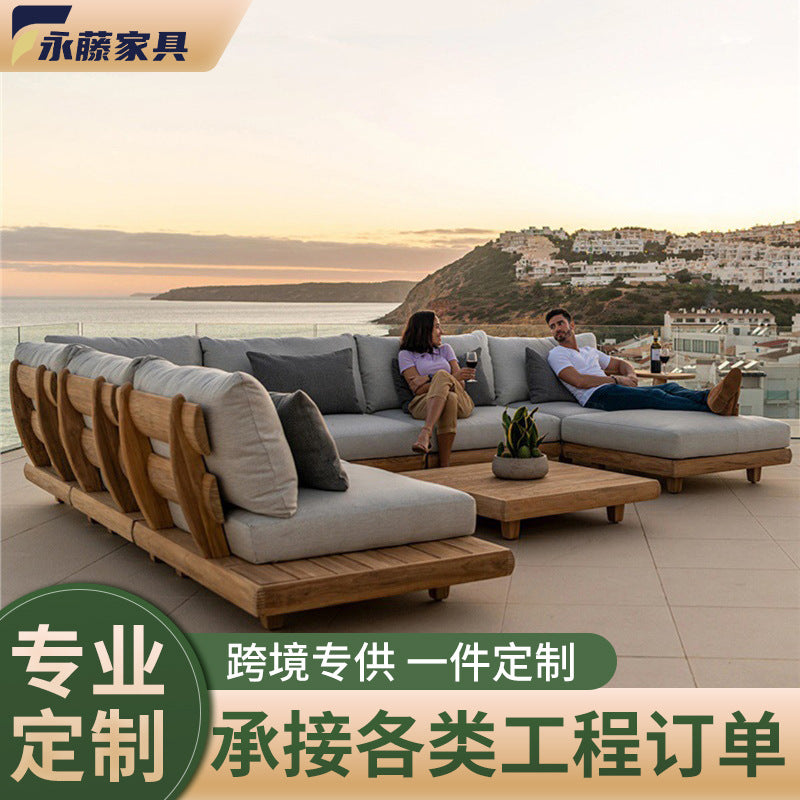 Outdoor Teak Sofa Set with Coffee Table, Nordic Solid Wood Woven Rattan Lounge Furniture for Patio Garden