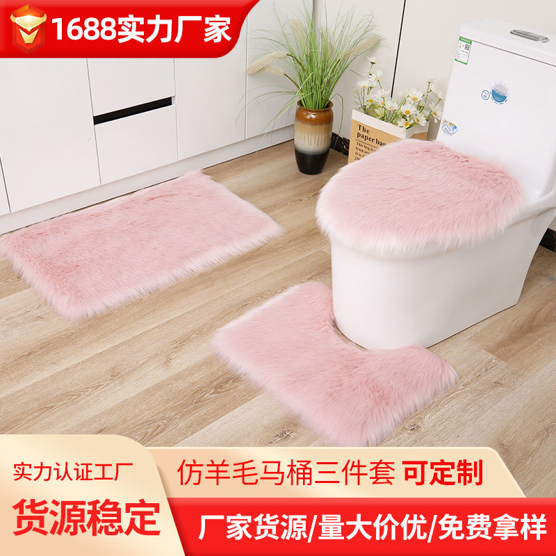 Washable Nordic Faux Lamb Wool Shaggy Rug U-Shaped Bathroom Mat Toilet Three-Piece Set