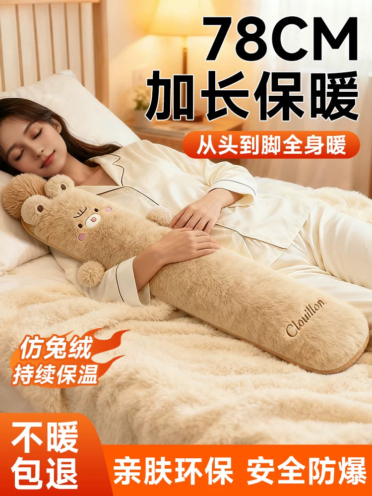 Extra Long Hot Water Bottle with Plush Cover for Bed Warming and Pain Relief