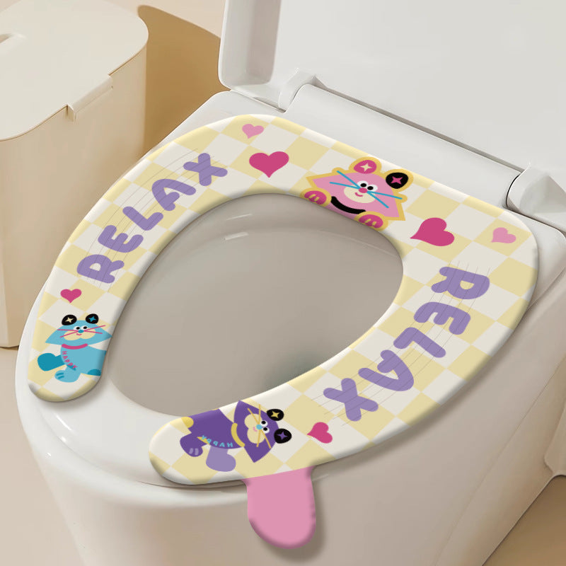 Dopamine Cartoon Waterproof Toilet Seat Cover, Washable Adhesive All-Season Toilet Seat Cushion for Home