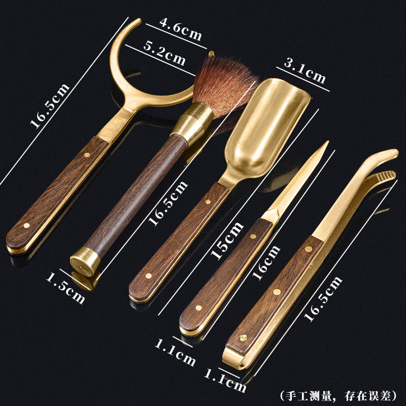 Brass Tea Ceremony Utensil Set with Wooden Handles - 6-Piece Kung Fu Tea Accessories