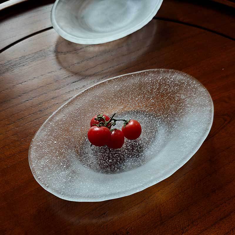 Japanese-Style Oval Glass Dessert Plate for Fruit, Salad, and Snacks