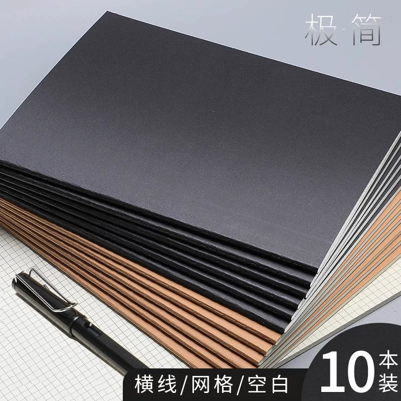 Minimalist A5/B5 Lined/Grid Notebook Set - Black Cardstock/Kraft Paper Softcover for Students
