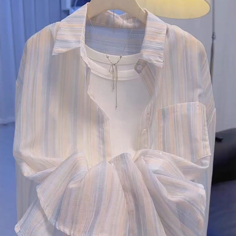 Women's Long Sleeve Ice Silk Chiffon Sun Protection Shirt, Loose Striped Cardigan Top
