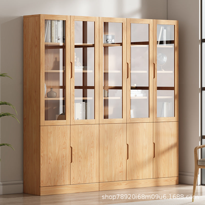 Pine Wood Display Cabinet with Glass Doors, Multi-functional Storage Bookcase for Home Office and Kids' Room