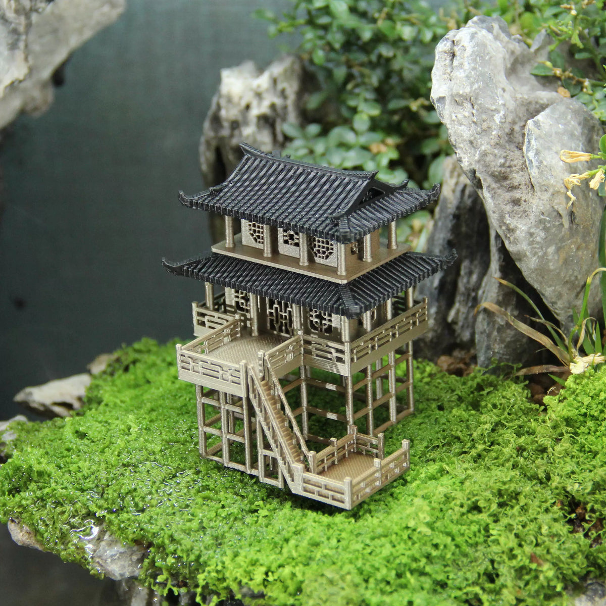 Stilt House Micro Landscape Ornament for Aquariums and Terrariums, Ancient Style Architectural Model