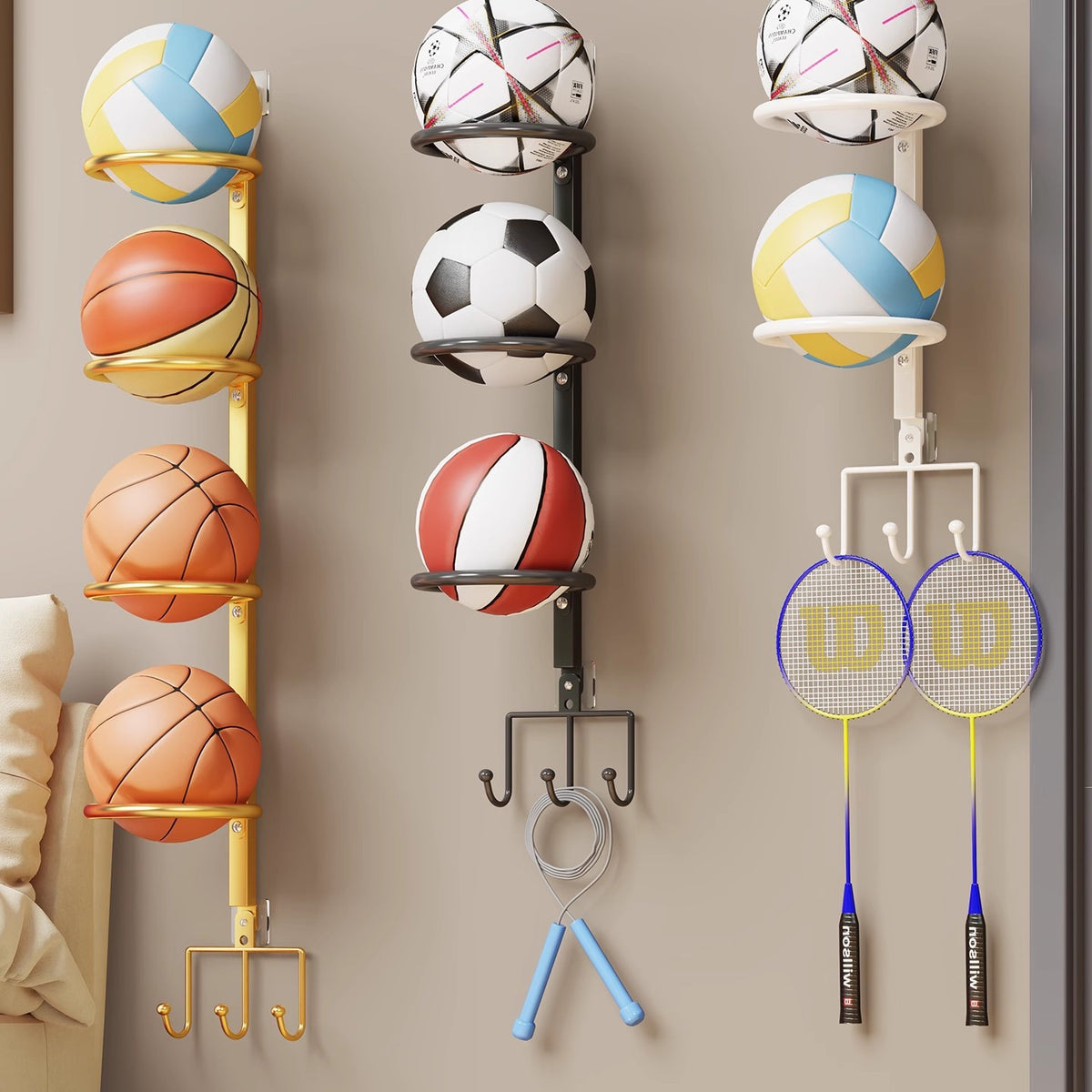 Wall-Mounted Ball Storage Rack for Home, Punch-Free Organizer for Basketball, Volleyball, Soccer Balls