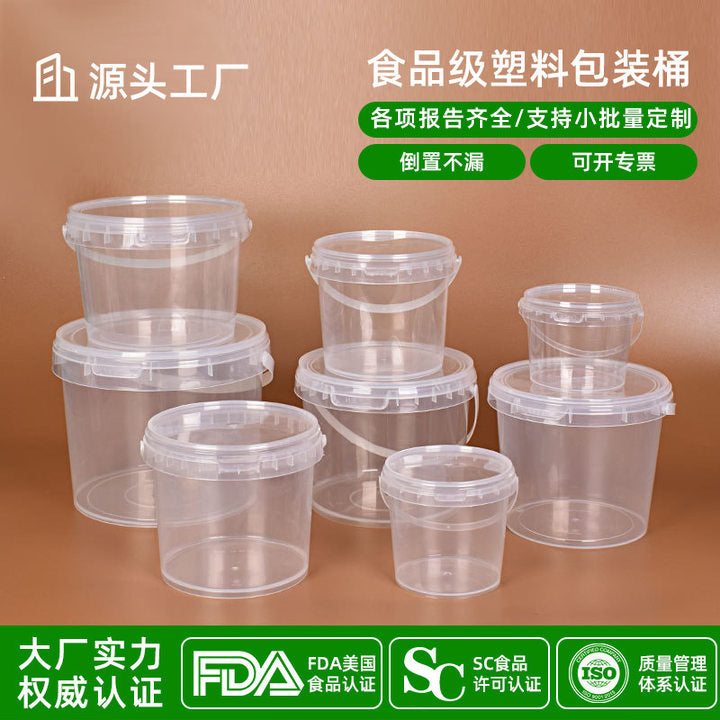Food Grade Plastic Bucket with Lid and Handle, 150ml-10L Round Storage Container for Food, Sauces, and Beverages