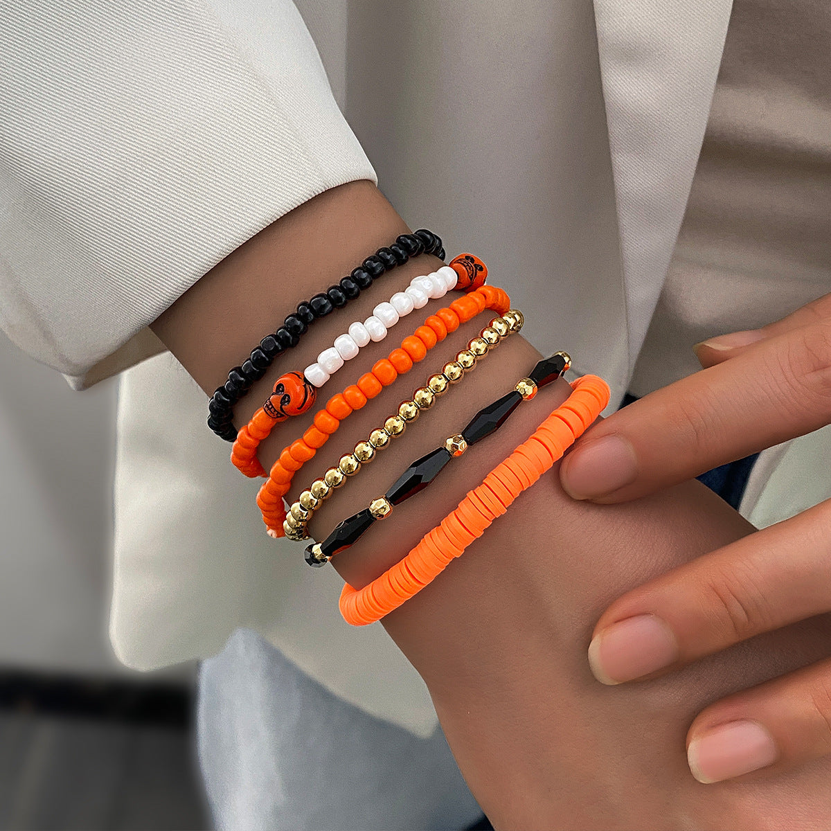 Halloween Skull Clay Bead Bracelet Set for Women