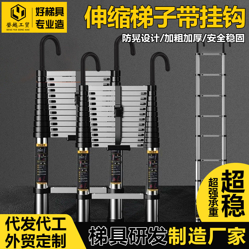 Telescopic Ladder with Hooks, Stainless Steel Straight Ladder for Engineering, Lifting, Retractable, Folding Ladder with Detachable Hooks