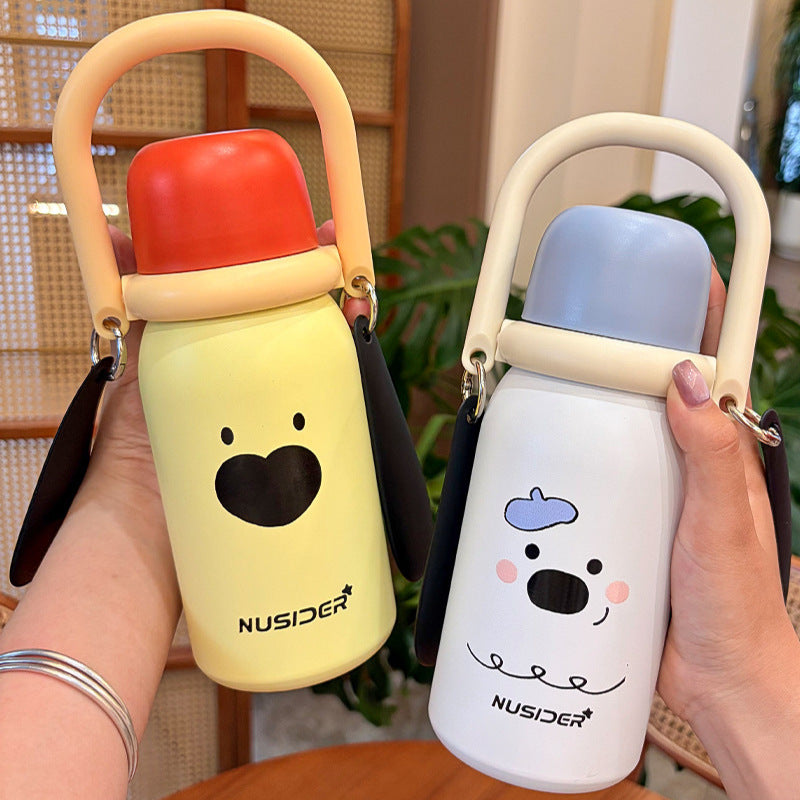 Cute Puppy 316 Stainless Steel Insulated Water Bottle with Handle and Dual-Drink Straw
