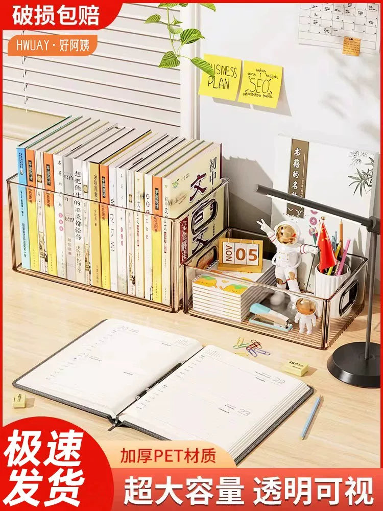 Stackable Clear Book Storage Boxes for Desk Organization, Large Capacity, Thickened Plastic, 3-4 Pack